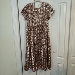 Maeve by Anthropologie Sequin Midi Dress in Shimmering Pink/Rose Gold